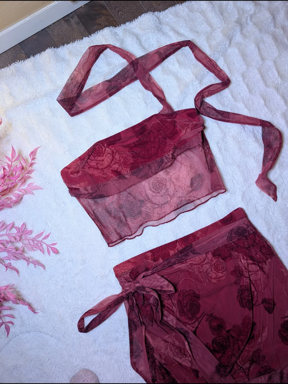 Cider Sheer Floral Two-Piece Set - Burgundy - Picture 2 of 8